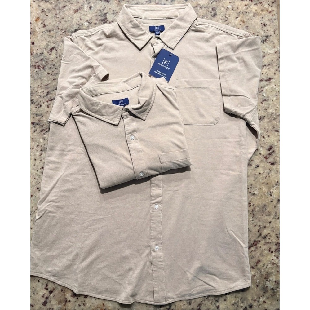 Lot of 2 George Mens 2XL Tan Button Down Shirt Collared Front Pocket NWT